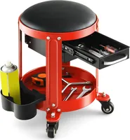 GOPLUS Werkstatthocker, Runder Montagehocker mit abnehmbarem Kissen, Werkzeugablage, 2 Schubladen & Doppeldosenhalter, 150 kg belastbar