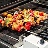 Grillküche Grillspieß Set mit 2 Fleischnadeln Motor für Camping Outdoor BBQ-Toro mobiler Grillaufsatz mit Spieß und Rost für Kugelgrill höhenverstellbares Grillrost 