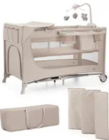 Kinderkraft JOY 2 3-in-1-Kinderbett mit Zubehör - Klappbar - Baby- und Reisebett - 2 Ebenen - Inklusive Mobile, Wickelauflage und Organizer - Beige