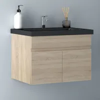 60 cm Waschtisch mit Unterschrank Badmöbel Set mit Waschbecken Schwarz Mineralguss Gäste WC Eiche Matt