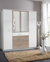 Kleiderschrank "Click" aus Spanplatte in Weiß mit 3 Schubladen und 4 Türen. Abmessungen (B/H/T) 180x198x58 cm