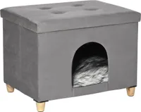 PawHut 2-IN-1 Katzenhöhle Fußhocker mit Kissen Holzbeine Katzenhaus Katzenkorb weich gepolstert Ottomane elegantes Design abnehmbar MDF Plüsch Grau 60 x 45 x 44,5 cm