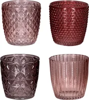 4er Set Windlicht H7,5cm Glas Rosa Rot Teelichthalter Tischdeko Kerzen Retro Deko