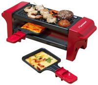 Bestron Raclette für 1 bis 2 Personen, Mini Tischgrill mit zwei Pfännchen und zwei Holzschabern, 350 Watt, Farbe: Rot