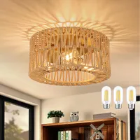 Boho Deckenlampe, 3-flammige Deckenleuchte Wohnzimmer, mit Rattan Lampenschirm, Vintage E27 Fassung Hängelampe für Schlafzimmer,Küche, Flur,Esszimmer