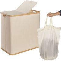 ONVAYA® Wäschekorb mit Deckel | 2 Fächer | Beige | Wäschesammler fürs Badezimmer | Wäschetruhe aus Bambus-Holz & Oxford-Stoff | Design Wäschebox | Wäschesortierer