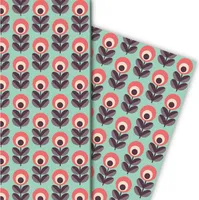 Cooles 70er Jahre Geschenkpapier mit Blumen auf grün - G5118, 32 x 48cm