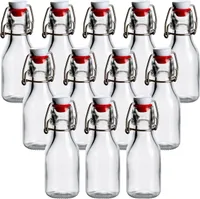 gouveo 12er Set Glasflaschen 100 ml rund mit Bügelverschluss rot - Kleine Bügelflasche 0,1 l zum Befüllen - Bügelverschlussflasche, Likörflasche, Schnapsflasche, Deko-Flasche