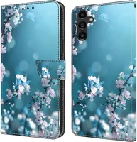 CLM-Tech Handyhülle kompatibel mit Samsung Galaxy A15 5G Hülle - Tasche aus Kunstleder - Klapphülle mit Ständer und Kartenfächern - Schutzhülle Wallet Case Cover Pflaumenblüte blau