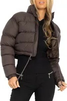 ASKSA Damen Puffer Jacke Kurz Stehkragen Gesteppte Cropped Dicke Winterjacke Outdoor, Braun, M