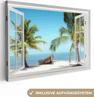 OneMillionCanvasses® - Obrazy na plátně - Pohled - Pláž - Palma - Loď - Tropické - Moře - Modrá, nástěnný obraz, nástěnná dekorace Obývací pokoj, 120x80cm