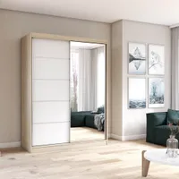 Kleiderschrank Schwebetürenschrank Schrank Schlafzimmer 150 cm Sonoma/Weiß mit Spiegel Vista 05