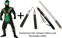 Kinder Kostüm Set  Combat - Ninja in grün - Kostümset Kämpfer in Gr. 116 - 158 cm inkl. Waffen 140 cm - 8-10 Jahre