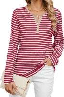 ASKSA Damen T-Shirt V Ausschnitt Knopf Gestreift Langarmshirts Basic Laessig Bluse Elegant Lose Oberteile (Rot,S)