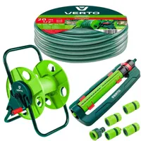 VERTO Schlauchtrommel + Gartenschlauch 20m + Oszillierender Sprinkler + 3 x Schlauchverbinder, Wasserstop, Hahnverbinder