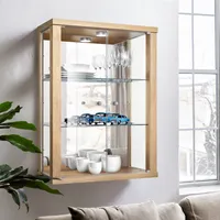 K-Möbel Hängevitrine in Buche (80x60x25 cm) mit 2 höhenverstellbaren Glasböden, Spiegel & LED - Glasvitrine hängend - Wandvitrine - Regal Glas