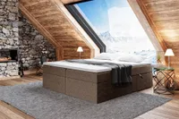 MEBLINI Boxspringbett mit Bettkasten - Gepolstert Doppelbett mit Matratze und Topper - Polsterbett mit Stauraum - Bett ohne Kopfteil - Stauraumbett - LIONEL - 180x200 - H3/Braun Webstoff