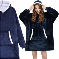 Übergroße Hoodie XXL Decke Warme Hoodie 2in1 Plüsch Pullover Decke mit Kapuze Marineblau