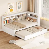 MODFU Schlafsofa Tagesbett 90x200cm mit Ausziehbett 90x190cm, Plattformbett Holzbett Daybett Kinderbett Jugendbett mit Staufach mit USB, Weiß(Ohne Matratze)