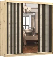 Schwebetürenschrank Kleiderschrank Schrank Schlafzimmerschrank Werona 3D mit Spiegel artisan/artisan mit schwarzen Holzlamellen 230 cm