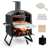 Vonkajšia pec na pizzu COSTWAY NP10814BK, 2-vrstvová pec na pizzu s grilovacím roštom, kameňom na pizzu, šupkou na pizzu, vodotesným krytom, tepelne odolnými rukoväťami a sklopnými nožičkami, čierna -