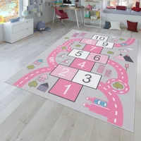 TT Home Kinder-Teppich, Spielteppich Für Kinderzimmer Straßen-Look, Hüpfkästchen, Rosa Größe 80x150 cm