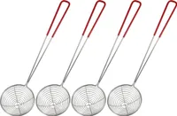 [ 4x ] Fondue-Sieb Ø 7,5cm L 29cm, silberfarben mit rotem Griff, Sieblöffel für Feuertopf, Mongolentopf