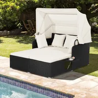 Outdoor-Bett aus Rattan, Terrassensofa-Set 2 Personen mit faltbarem Sonnendach & 2 klappbaren Tischen, Sonneninsel mit 4 Kissen und großer Liegeflaeche, Schmutzweiss