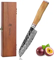 Kleines Santokumesser I 13 cm Klinge aus 67 Lagen Damaststahl I Olivenholzgriff und Hammerschlag