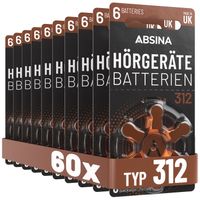 ABSINA 60x Hörgerätebatterien 312 mit gut greifbarer Schutzfolie - Hörgeräte Batterien PR41 ZL3 P312 Zink Luft, 1,45V