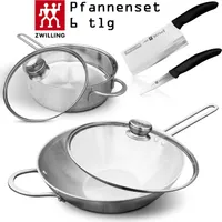 Zwilling Twin Nova Pfannenset Induktion mit Deckel 6 Tlg, Wokpfanne 30cm + Schmorpfanne 24cm hoher Rand + Hackmesser 18cm+ Gemüsemesser + 2 Glasdeckel
