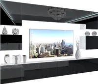 BELINI Wohnwand Vollausstattung Wohnzimmer-Set Moderne Schrankwand mit LED-Beleuchtung Weiß Glänzend Anbauwand TV-Schrank Schwarz Glänzend