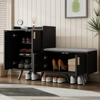 okwish  Schuhschrank,120x34x82.8cm,Moderner Schuhbänke mit Schwarzwalnussholz,Schuhregale,ausgestattet mit 4 Aufbewahrungstüren, asymmetrischen Metallgriffen, Schwarz