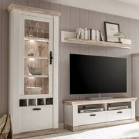 Media TV Wohnwand mit Vitrine inkl. LED FERNA-61 Pinie weiß und Oslo Nb. B x H x T ca.: 215 x 201 x 44 cm