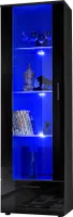 Komodee, Vitrine Schrank Alessandria, Schwarz/Schwarz, Breite 60cm x Höhe 192cm x Tiefe 42cm, 3 Glasböden, 1 Regal aus laminierter Platte, für Wohnzimmer, Schlafzimmer, LED Blau
