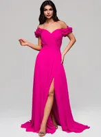 Ombre  Off-Shoulder-Abendkleid mit Blumenärmeln und Schlitz fuchsia XS