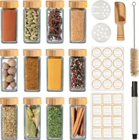 Praknu Gewürzgläser Eckig mit Bambusdeckel - 12er Set - Gewürz Organizer - Mit Streueinsatz - Gewürzdosen 120ml - Inkl. Etiketten zum Beschriften, Reinigungsbürste & Holzlöffel
