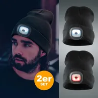 Eaxus® 2er Set LED Beanie Mütze mit Licht - Beleuchtete Strickmütze für Damen & Herren mit Akku, Schwarz