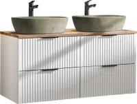 Badmöbel Waschtisch Unterschrank Set 120 cm matt weiß mit Wotaneiche, 2 Softclose Schubkästen, 2 Keramik-Waschbecken Betonoptik