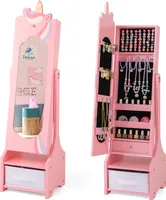 DREAMADE Kinder-Schmuckschrank mit Spiegel, freistehender Ganzkörperspiegel mit 2 Neigungswinkeln & großer Kapazität, Schmuck-Organizer aus Holz, Rosa