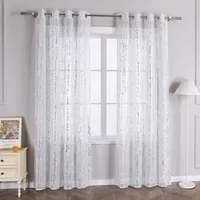Joyswahl Vorhang mit Ösen Voile Gardinen mit glänzendem Zweigdruck Transparent Ösenschal Schlafzimmer Wohnzimmer HxB 145x140 cm Silber 1 Stück