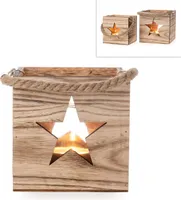 Windlicht Holz Stern mit Henkel und Glas Teelichthalter H14cm natur