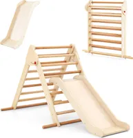COSTWAY Kletterdreieck mit Rutsche, 3 in 1 Klettergerüst klappbar, Sprossendreieck zum Rutschen und Klettern Holz Indoor für Kinder ab 1 Jahr Natur