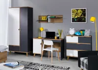 Kinderzimmer  Jugendzimmer Set 4tlg MEMONE 9 Goldene Eiche / Weiß / Graphit Schreibtisch Kommode Kleiderschrank Wandregal