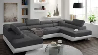 Sofa narożna Miami U Sofa narożna z funkcją spania i podstawą łóżka, 338 x 203 cm Szary - Biała imitacja skóry