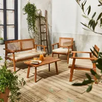 sweeek - Garten-Essgruppe aus Holz und Rohrgeflecht, 4 Sessel