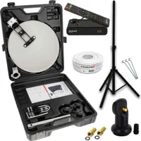 PremiumX Camping SAT Anlage Satellitenschüssel TV Receiver Single LNB 10m Kabel F-Stecker im Koffer Camp Stativ