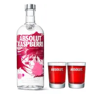 Absolut Vodka Raspberri Set mit 2 Shot Gläsern, Wodka Himbeere, Schnaps, Spirituose, Alkohol, Flasche, 40 %, 1 L