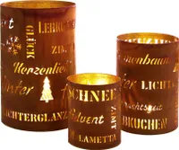 Metall Weihnachts Windlicht rund Rost Optik 3er Set - Sprüche - Winter Tisch Deko Laterne Kerzen Halter