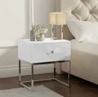 Nachttisch BLANCO GLAMOUR mit Chrom – Metallrahmen,  Weiß / Weiß Hochlglanz